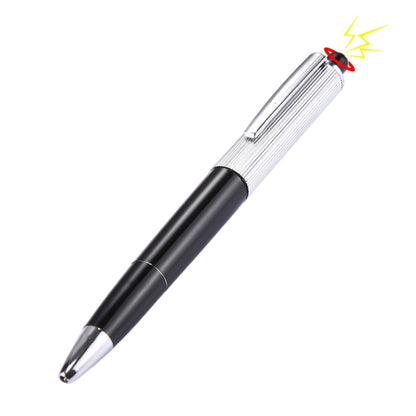 Black and silver electric prank pen toy with pointed tip and ribbed grip section.