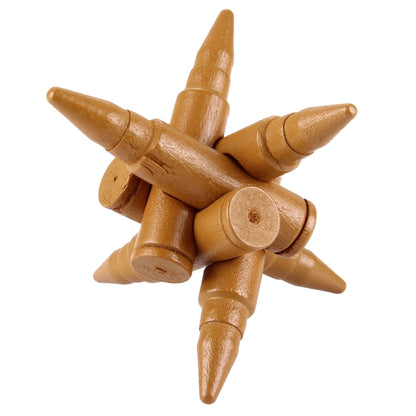 Wooden bullet-shaped locking puzzle toy with star-like rotating pieces
