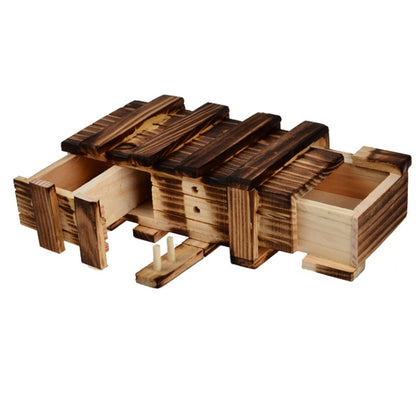 Wooden puzzle box with secret drawer, L size, sliding inner compartments