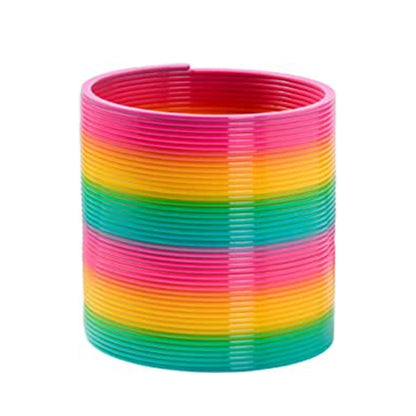 Rainbow spring coil ring toy, stacked colorful rings in pink, orange, yellow, green
