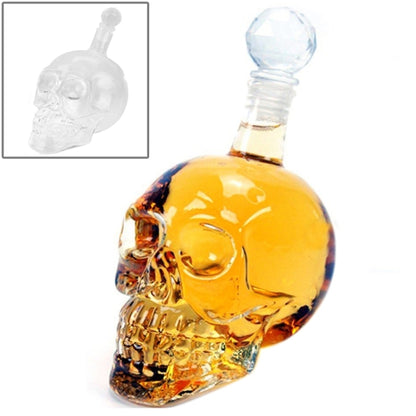 Crystal skull glass bottle with faceted stopper, amber finish, 1000 ml, front view