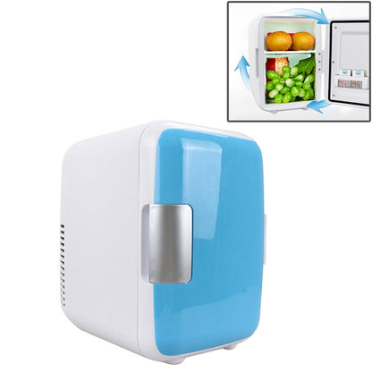 4L mini electric car cooler, blue with side carry handle; door open with food inside