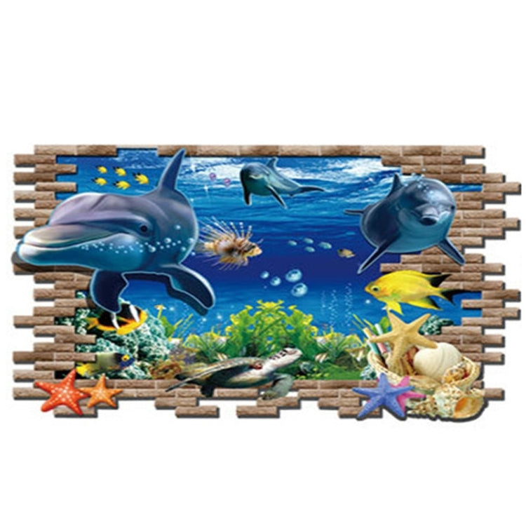 Underwater World wall decal featuring dolphins, sharks, fish, starfish, and coral scenery