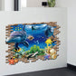 Underwater World wall decal in a rectangular wooden-look border with dolphins and fish