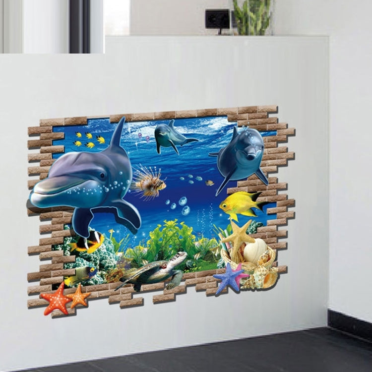 Underwater World wall decal in a rectangular wooden-look border with dolphins and fish