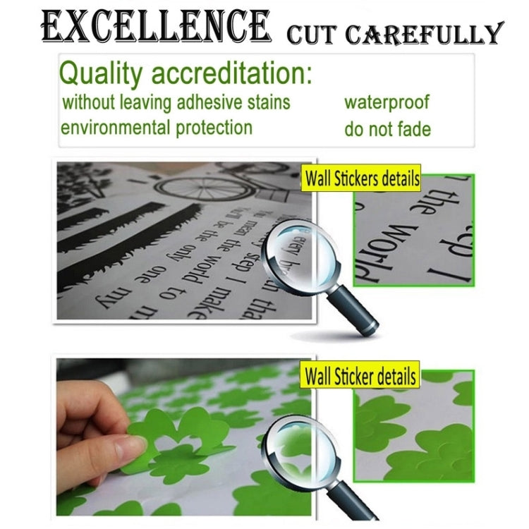 Wall sticker quality and care detail panel with magnifier and waterproof protection notes