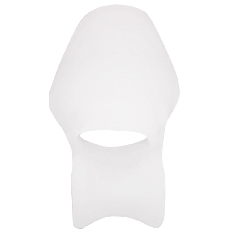 White silicone toe spacer brace with open slot for big toe, close-up