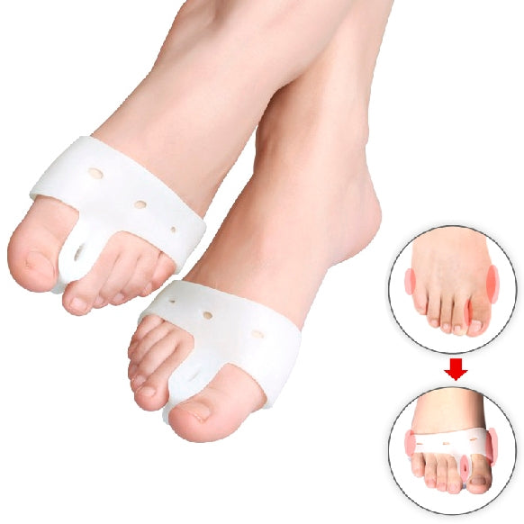 White hallux valgus toe brace with open toe strap, worn on foot