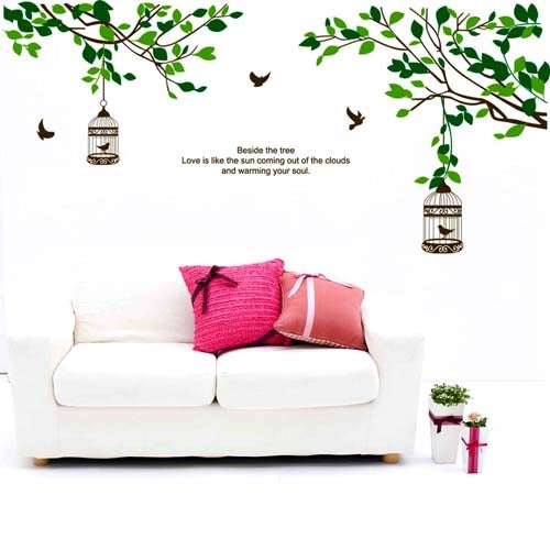 Green tree and bird wall stickers with birds in flight and two hanging birdcages