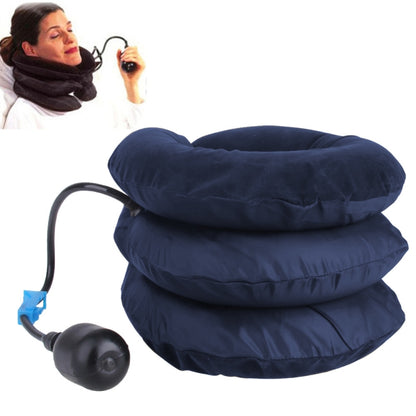 Dark blue inflatable neck traction pillow with air pump bulb and tube