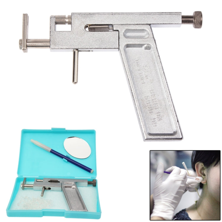 Ear piercing gun with turquoise accessory case and round mirror