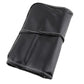 Black leather cosmetic brush bag with stitched wrap and zipper edge