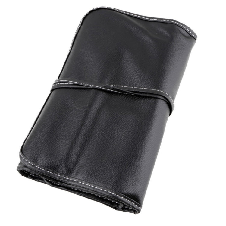Black leather cosmetic brush bag with stitched wrap and zipper edge