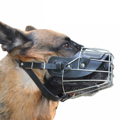 Adjustable black leather and wire dog muzzle with protective cage and side straps