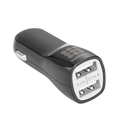 Black dual USB car charger with two ports and visible 1A/2.1A labeling