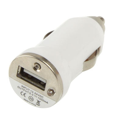 White USB car charger with metal-ring USB port and printed specs label