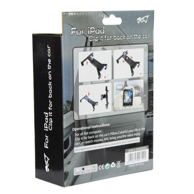 Back of retail box showing steps for an iPad clip-on headrest mount holder