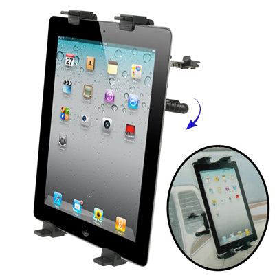 Car vent tablet holder with black clamp mount and 360° rotating arm for iPad