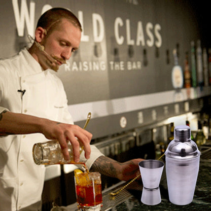 Stainless steel cocktail shaker with jigger, strainer, ice clip, and stirrer pipe set