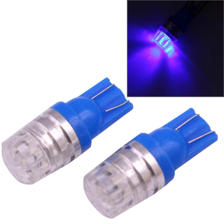 Blue T10 COB LED bulbs (2-pack) with clear lens, emitting violet-blue light