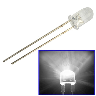 Water-clear 5mm LED lamp with two metal leads, white light glow