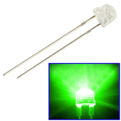 5mm straw hat LED lamp with long leads, shown emitting green light