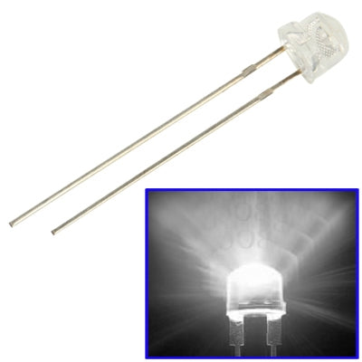 5mm straw hat LED lamp with long leads, shown emitting white light