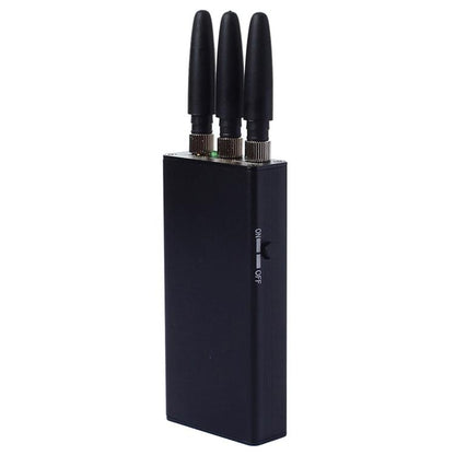 Black mini cell phone signal jammer with three screw antennas, compact rectangular body.