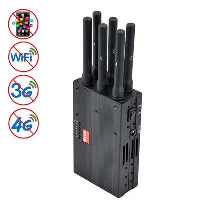 Dark gray mobile signal jammer with four antennas and indicator LED