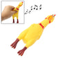 Yellow screaming hen stress relief toy with red comb and feet, held in hand