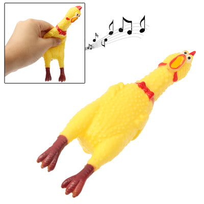 Yellow screaming hen stress relief toy with red comb and feet, held in hand