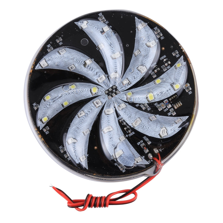 Round 40-LED windmill light, silver LED fan blades on black base, red wires