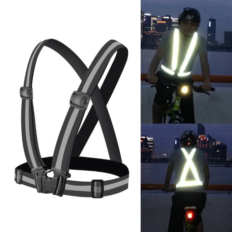 Black reflective safety vest with gray reflective stripes and adjustable waist straps