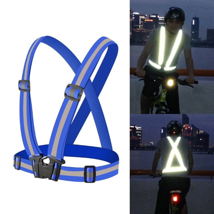 Blue reflective running safety vest with cross-back straps and front buckle tabs