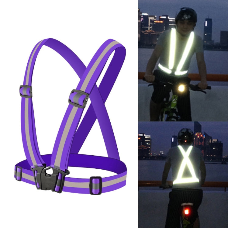Purple reflective running safety vest with crossed back straps and multiple adjustment points