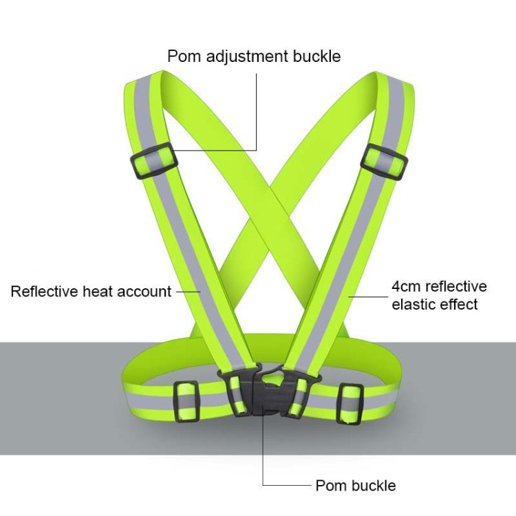Neon green reflective safety vest with X-back straps and padded pom-style buckle points