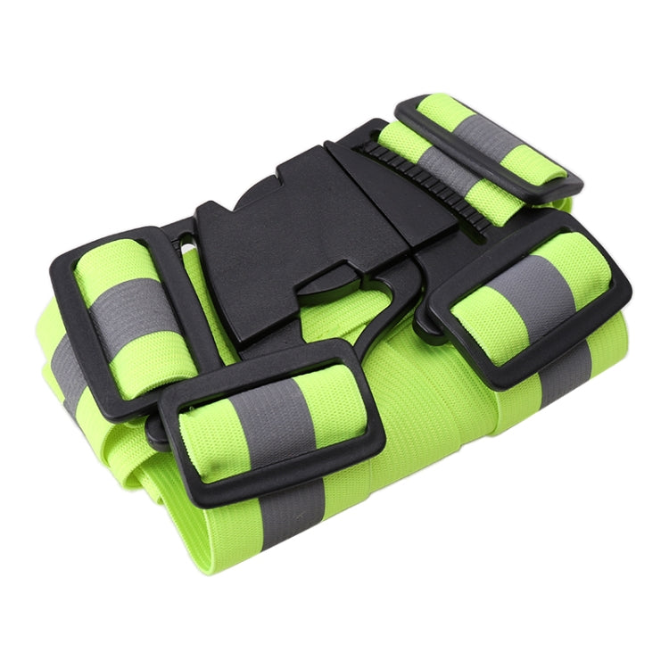 Neon green reflective safety vest with black buckle set and gray reflective bands
