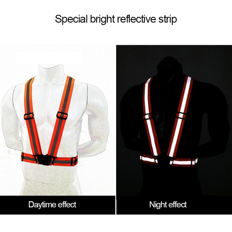 Reflective safety vest with orange/red and white V-shaped stripe bands