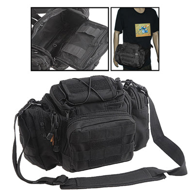 Black tactical camera bag with MOLLE front pockets, zip compartments, and shoulder strap
