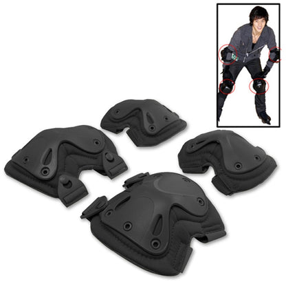 Black protective knee and elbow pads set with molded shell and adjustable straps