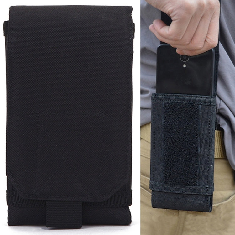 Black fabric cell phone pouch with front flap and bottom belt loop strap