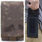 Brown-green camouflage cell phone pouch with front flap and bottom belt loop strap