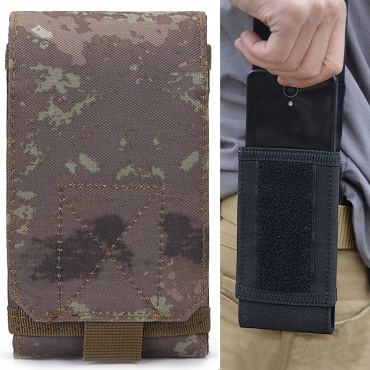 Brown-green camouflage cell phone pouch with front flap and bottom belt loop strap