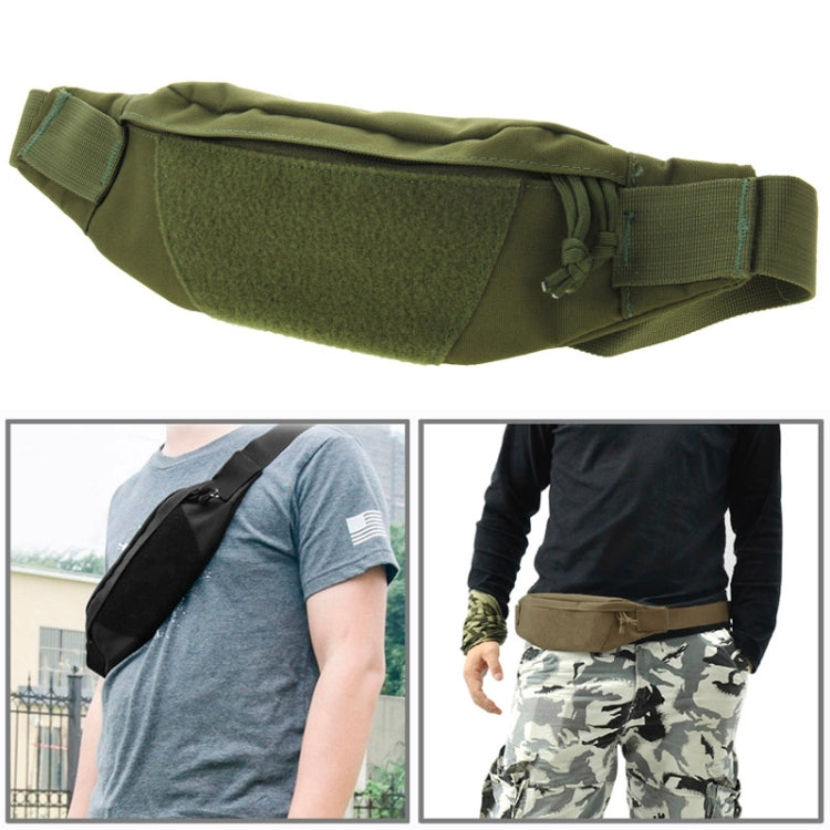 Army green waist pack worn on hip with zip compartment and adjustable strap