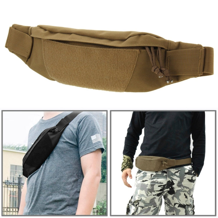 Brown fabric waist pack with zip pocket and adjustable webbing strap