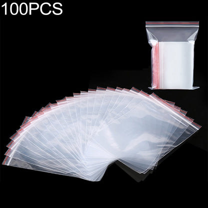 Clear self-adhesive plastic seal pouches, 4x6 cm, red stripe, 100-pack