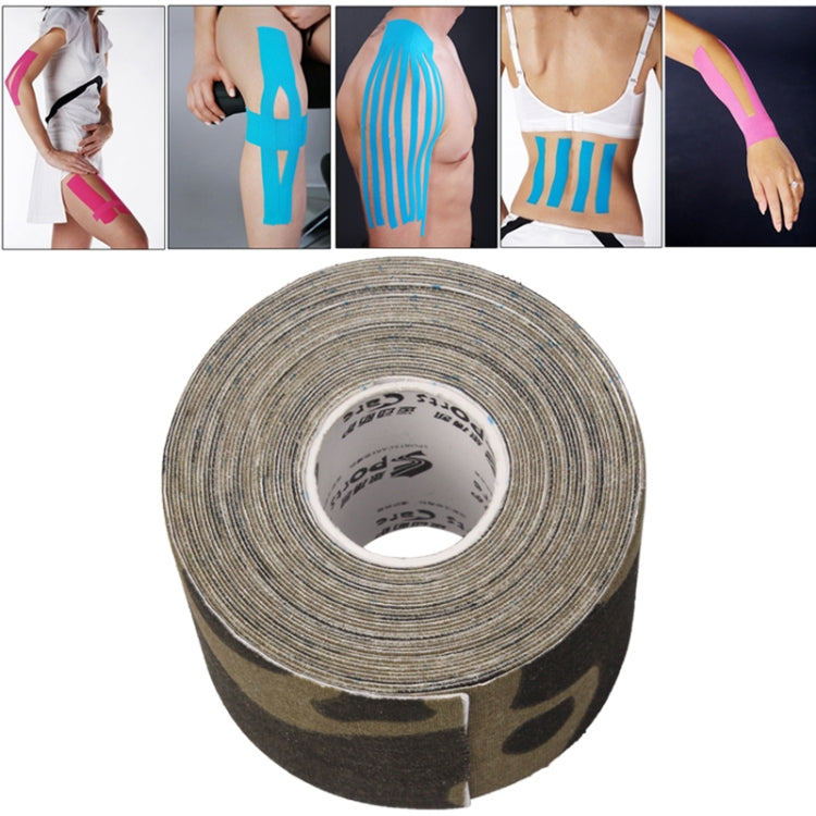 Camouflage waterproof kinesiology tape roll with printed core, 5m x 5cm
