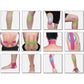 Green kinesiology tape applied to arms and legs in support strip patterns