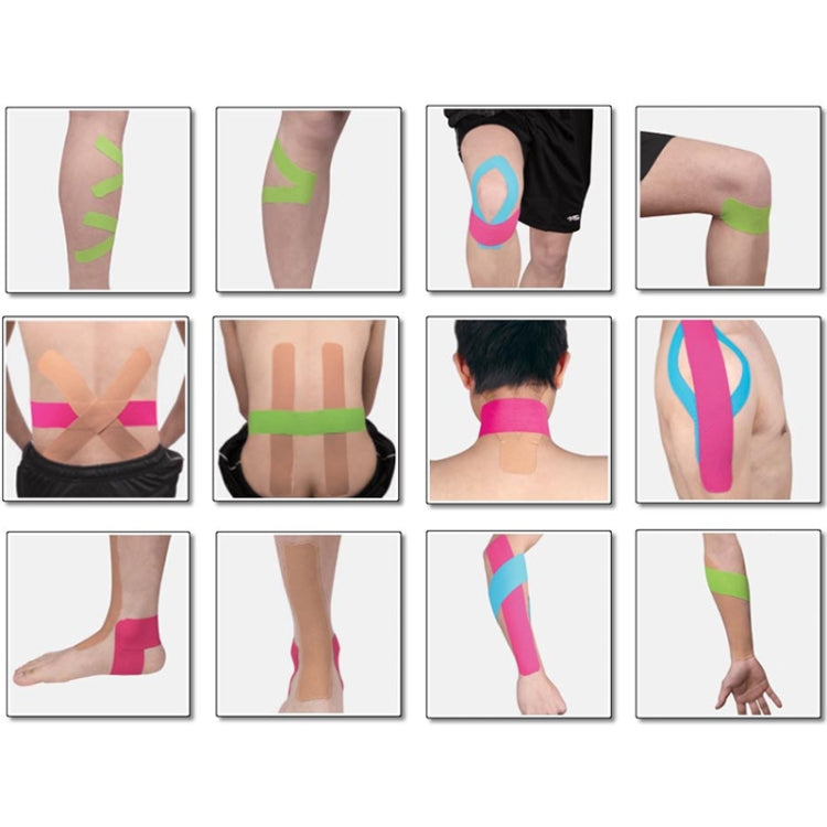 Green kinesiology tape applied to arms and legs in support strip patterns