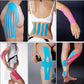 Blue and pink kinesiology tape applied to torso, arms, and legs in strips